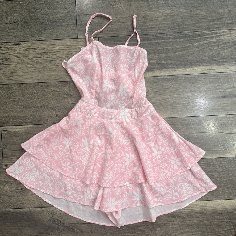 Eilly Bazar Pink Floral Daisy Ruffle Cami Romper Skirt Mini Tie Back Womens XS